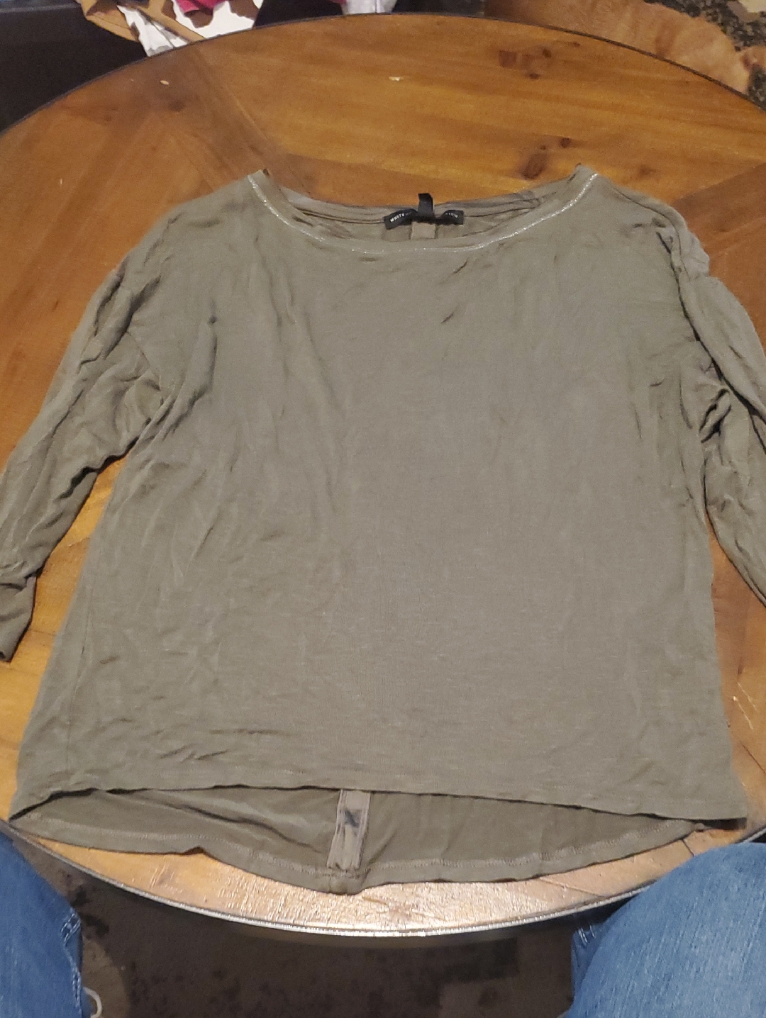 White House Black Market Olive Long Sleeve Tee With Subtle High-Low Hem